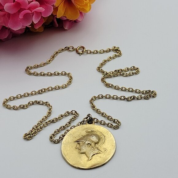 Vintage Ancient Knight Cameo Pendant Necklace Gold Tone 24 Inch Signed FM - Picture 1 of 6